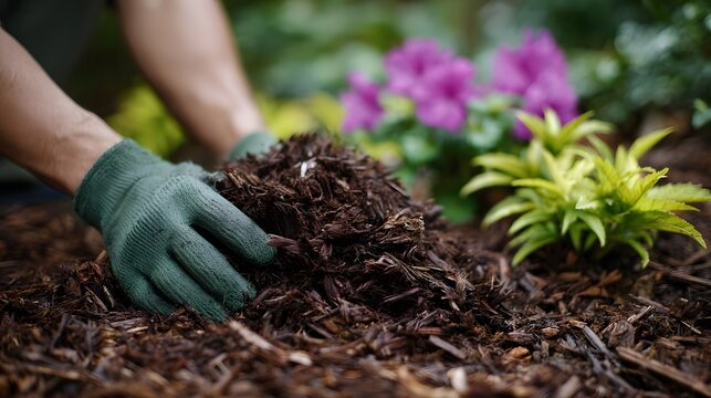Hands in gardening gloves spreading mulch around plants in a garden