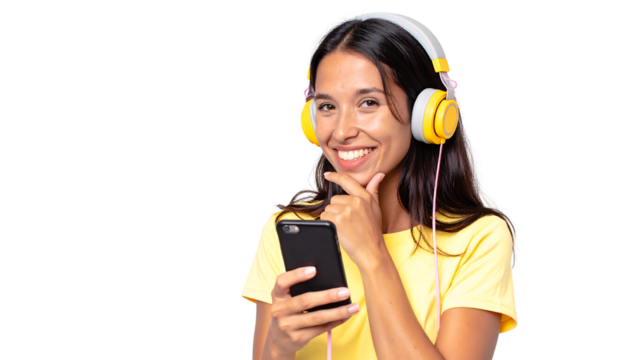 Woman with yellow headphones and matching shirt smiles while holding a phone in her hand on transparent background