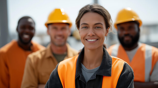 A diverse team of construction workers rebuilding damaged houses in a flood-affected neighborhood, symbolizing teamwork, recovery, resilience, and the collective effort to restore communities after