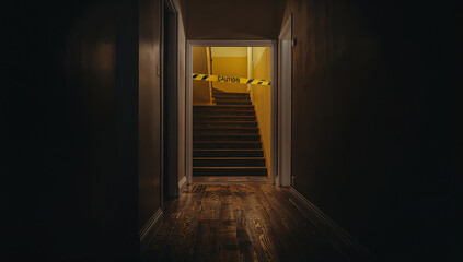Caution Tape Blocks Staircase in Dimly Lit Hallway