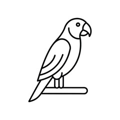 A blackline illustration of a parrot perched on a horizontal wooden branch The parrot has an eye curved beak and wing markings