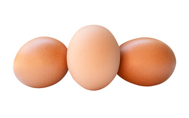 Side view of three fresh brown chicken eggs in stack isolated on white background with clipping path