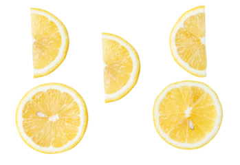 Top view set of fresh ripe yellow lemon fruits in halves and slices or quarters isolated with clipping path in png file format