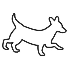 A blackoutlined silhouette of a dog midstride against