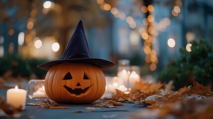 Naklejka premium Smiling pumpkin with a witch hat surrounded by candles and fallen leaves, emotion of cozy charm and enchantment visible, representing seasonal creativity, spooky atmosphere, and handcrafted