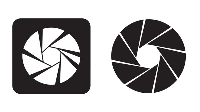 Two camera aperture icons in solid black ideal for design on transparent background silhouette