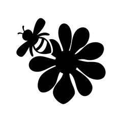 Black silhouette of a bee approaching a flower, on a white background
