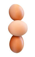 Side view of three fresh brown chicken eggs in stack isolated on white background with clipping path