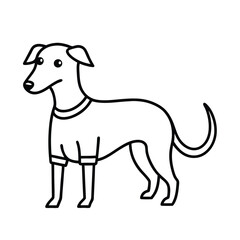 A cartoonstyle dog outlined in black standing It has large ears and a curved tail It wears a shirt
