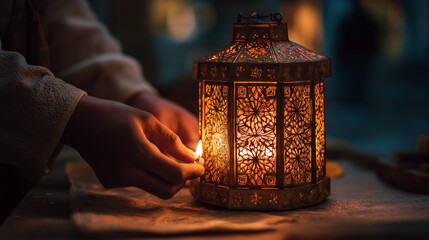 Hands lighting ornate lantern with candle during Ramadan night.