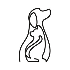 A continuous black line illustration depicts a dog person and cat layered in a modern design