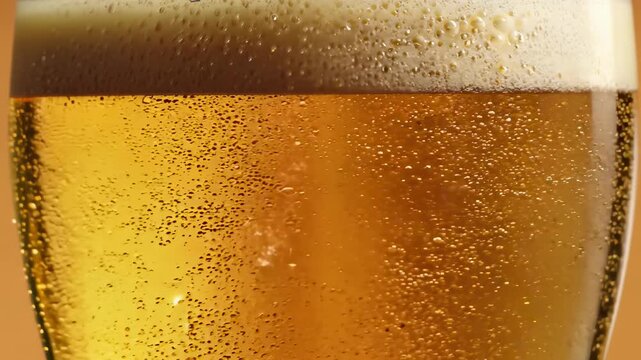 Golden beer glass with frothy head and rising bubbles in closeup creating refreshing golden beverage drink with foam and sparkling condensation