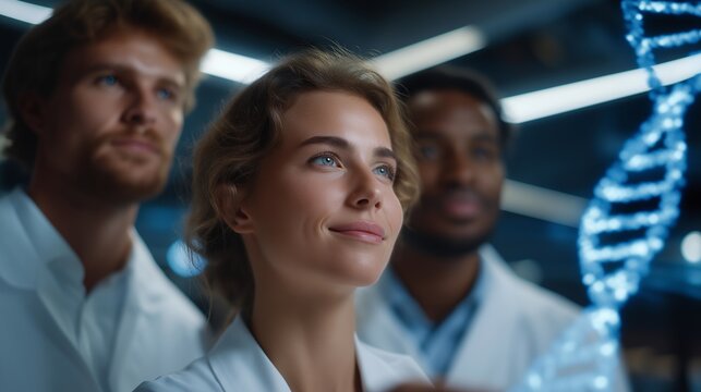 Team of scientists observing holographic DNA strand within human body simulation, emotion of discovery and wonder, symbolizing biomedical advancement, data-driven healthcare, and ethical innovation