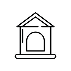 A dog house icon black outline on white with arched entrance and angled roof