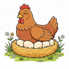 a hen laying and incubating 5 eggs