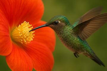 Fototapeta premium A vibrant green hummingbird with a ruby-throated beak is captured in mid-flight, wings blurring as it feeds on nectar from a red flower