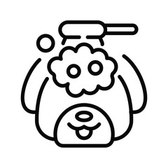 A dogshaped outline covered in suds has a showerhead above it and a soap bubble