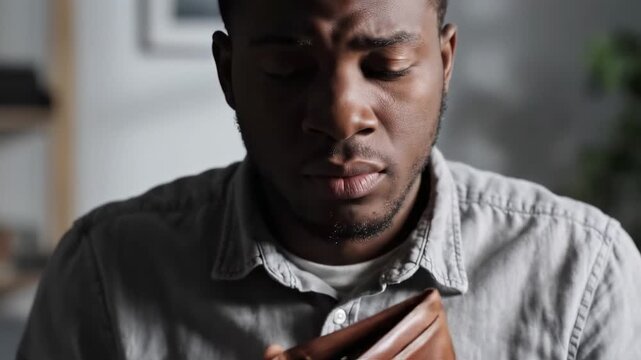 man counting cash money, holding open empty wallet. Worried lonely person with financial troubles and budget deficit sitting with one coin in fingers. Poverty, bankruptcy concept