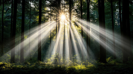 Obraz premium Luminous forest with sunlight streaming through trees, creating serene atmosphere