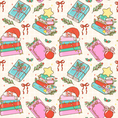 Festive Christmas Bookish Seamless Pattern Cozy Reading Coquette Gingham Retro Stack Books Hand Drawn Repeat Wallpaper Background