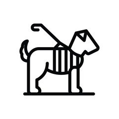 A line drawing depicts a dog wearing a striped harness with a leash extending from its back