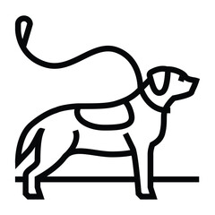 A line drawing depicts a dog with a leash and saddle standing on a line