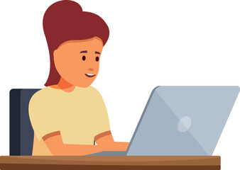 Cartoon illustration of a young woman working from home, focused on her laptop at a wooden desk