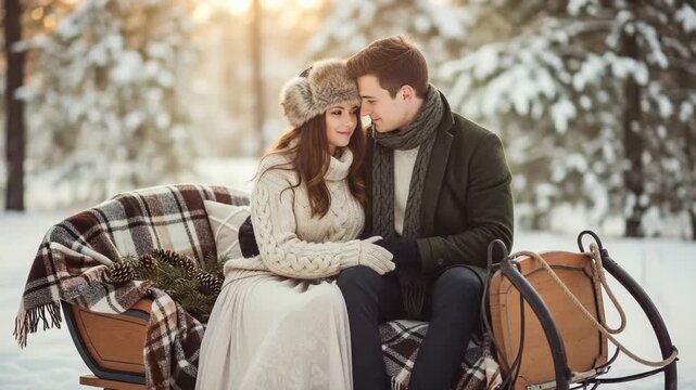 Romantic couple enjoying a winter sleigh ride through a snow covered forest