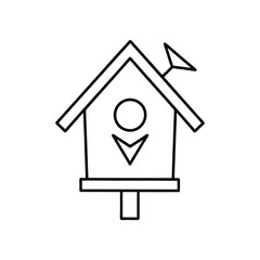 A line drawing of a birdhouse It features a roof a circular hole and a decorative element A perch extends below