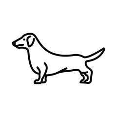 A line drawing of a Dachshund dog in profile facing left The dog has short legs a long body and a curved tail
