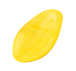 Top view of ripe yellow mango fruit in half isolated with clipping path in png file format