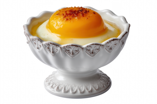 Soft Boiled Egg in Decorative White Cup on Black Background, Gourmet Breakfast Food isolate on transparent background PNG