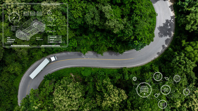 Fototapeta Aerial view EV semi truck trailer cargo on mountain curve road, Semi truck trailer cargo business logistic transportation on green forest road curve, Semi truck delivery asphalt road green forest