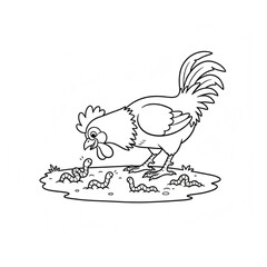 Vector illustration of a rooster on green grass eating worms. Isolated on a white background.