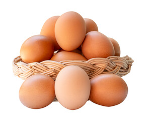 Many brown chicken eggs in stack in wicker basket isolated with clipping path in png file format