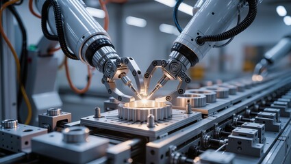Robotics in Manufacturing: Automated Arms Assembling Precision Parts in Modern Factory Environment