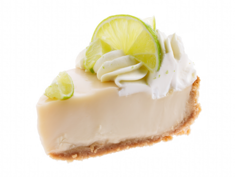 Delicious Key Lime Pie Slice with Whipped Cream and Lime Garnish on Black Background isolate on transparent background PNG