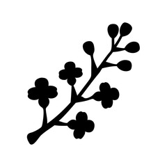 Silhouetted Branch with Four Petaled Flowers and Buds Against a White Backdrop
