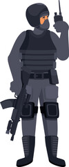 Soldier wearing helmet, mask, bulletproof vest, knee pads and boots, holding a rifle and using a walkie talkie