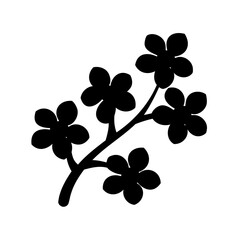 Silhouette of blossoming branch with five petaled flowers against a white background