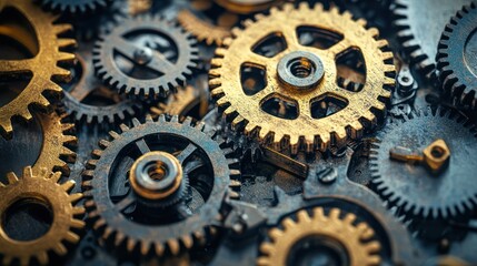 A collection of old, rusty gears and cogs on a dark, textured surface.
