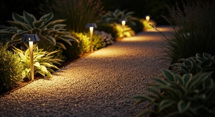 Illuminated garden pathway with plants and lights at night  