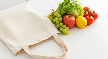 Fresh vegetables and fruits next to a reusable shopping bag  