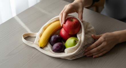 Fresh fruits being placed in a reusable cotton bag on a table  