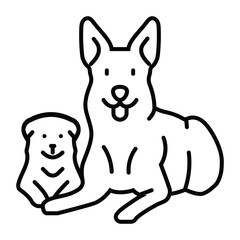 A line drawing shows a seated dog with erect ears next to a small dog