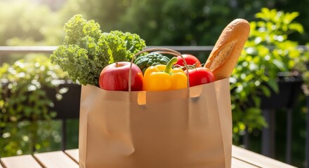 Fresh groceries in brown paper bag on table outdoors in sunlight  