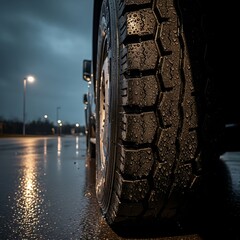 Tire on wet asphalt road at night with street lights.
