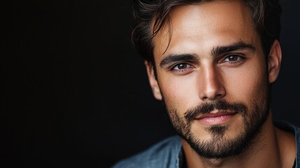 Obraz premium A man with dark hair and a beard, wearing a denim shirt, looking directly at the camera with a serious expression.
