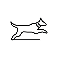 A linear icon of a dog in motion leaping over a straight line The dog has a collar