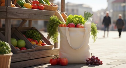 Fresh vegetables in a tote bag at outdoor market on sunny day  